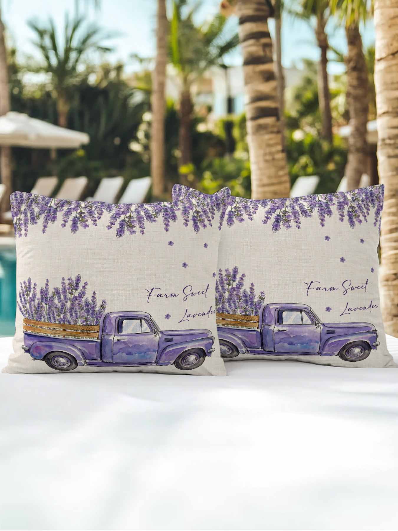 Outdoor Throw Pillow Set of 2, Purple Lavender Waterproof Pillow with Insert Included, Spring Floral Flowers Truck Farmhouse Beige Decorative Accent Cushion Sofa Pillows for Patio Porch, 16 x 16 In