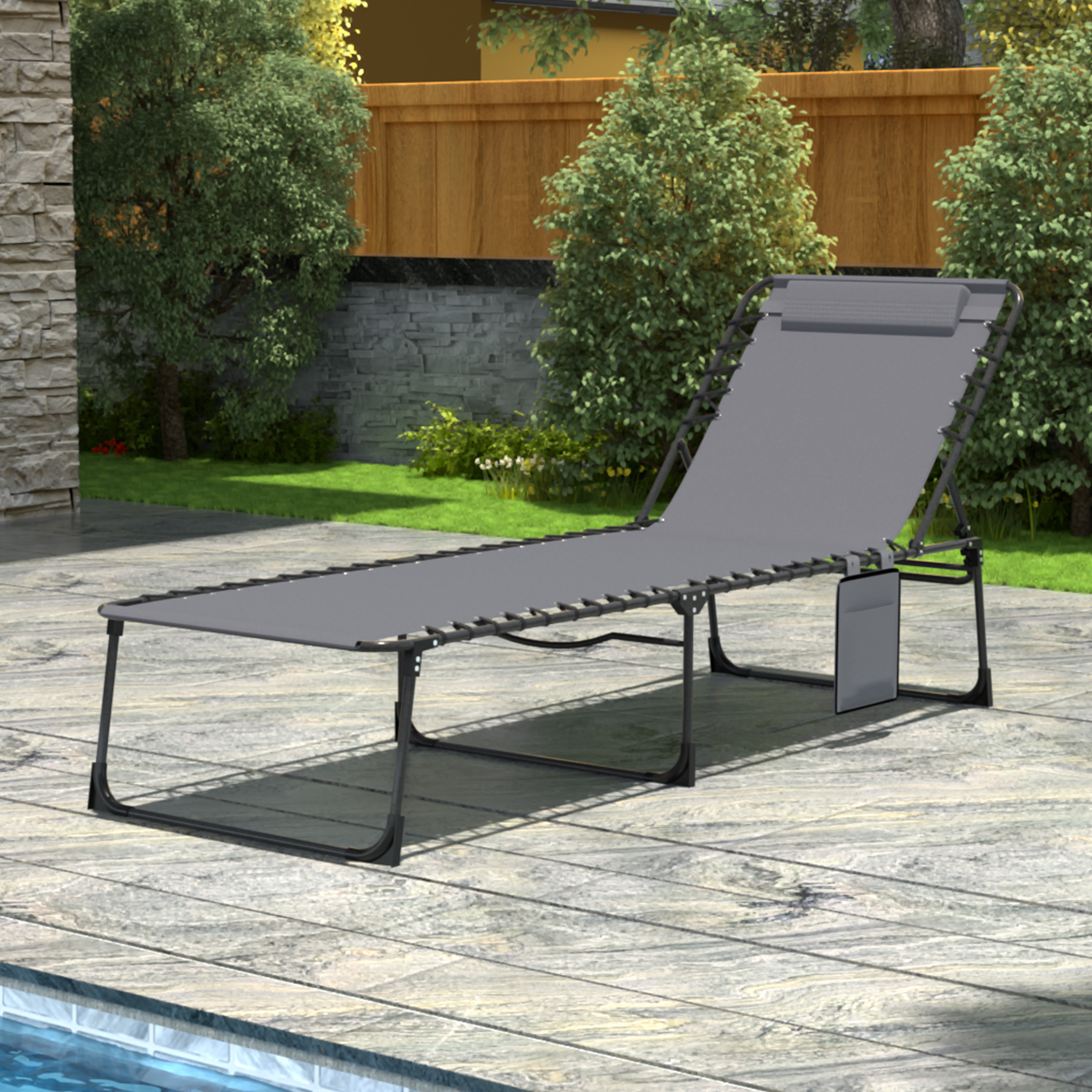 VEIKOUS  4-Fold Outdoor Chaise Lounge Chair for Patio with Detachable Pocket and Pillow, Grey