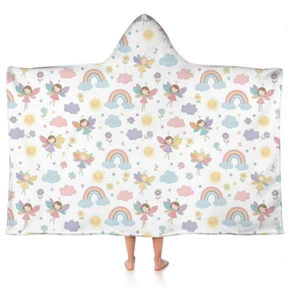 Pastel Fairy Rainbow Pattern Hooded Bath Towel,50"x30" for Ages 3 To 12 Kids, Quick Dry Lightweight Soft Microfiber Hood Beach Towel Cover Up for Kids