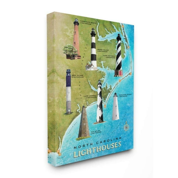 Stupell Industries Map of Lighthouses in North Carolina Coastal Design, Designed Licensing Studio Wall Art, 36 x 48, Canvas