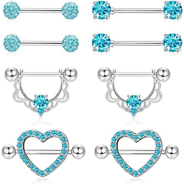 4 pares de anillos para pezones de acero inoxidable de 14 g para mujer, piercings para pezones con forma de corazón