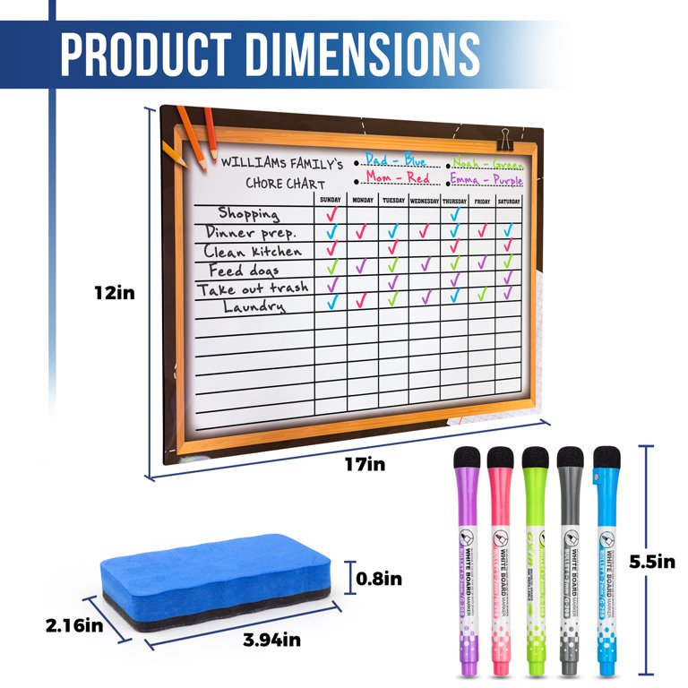 Magnetic Dry Erase Chore Chart and Calendar Bundle for Fridge: 2 Boards Included - 17x12 inch - 6 Fine Tip Markers and Large Eraser with Magnets