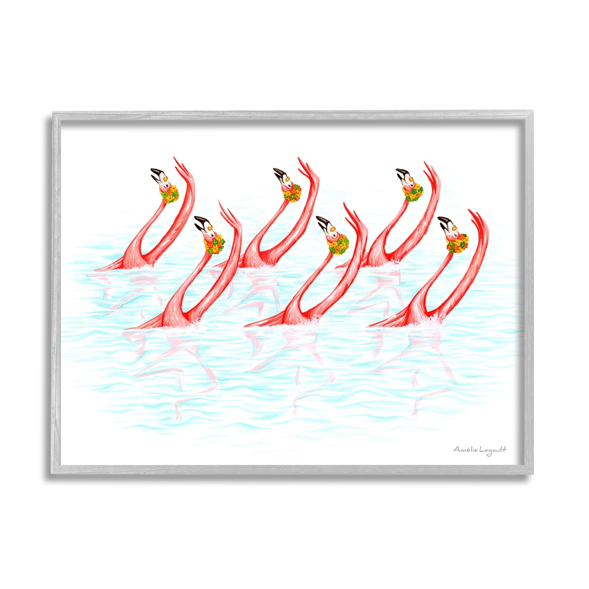 Stupell Industries Six Flamingoes Birds Synchronized Swimming Floral Caps Graphic Art Gray Framed Art Print Wall Art, Design by Amelie Legault