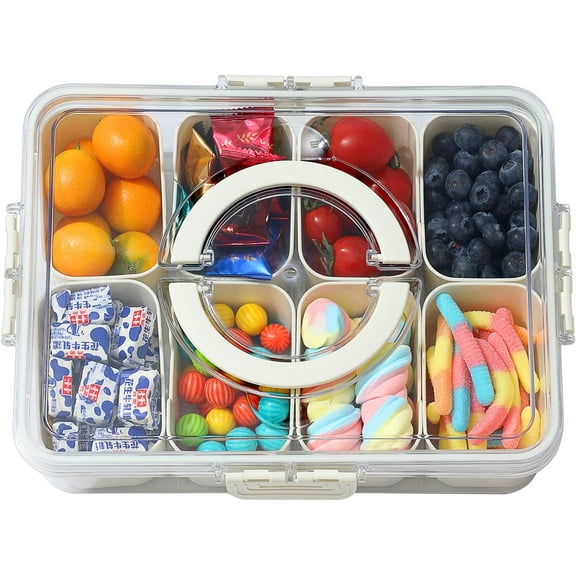 1Pcs Divided Serving Tray with Lid and Handle - Portable Snackle Box Charcuterie Container, Clear Snack Platter Organizer for Fruits, Candy, Nuts, Entertaining, Party, Picnic, 8 Compartments