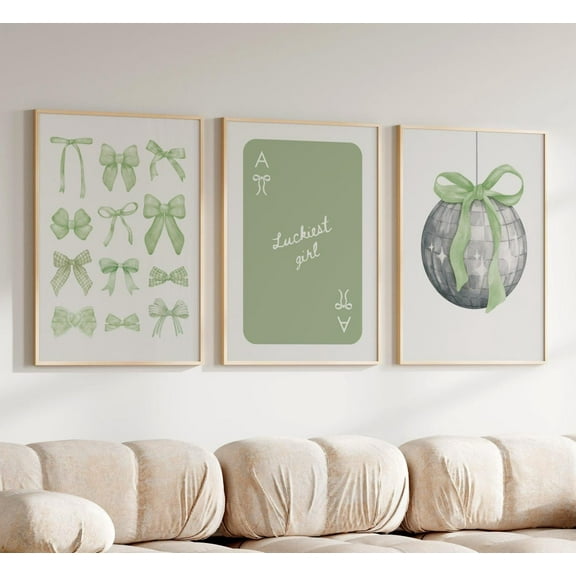 Luvia Sage Green Trendy Prints Dorm Poster Coquette Bows College Apartment Decor Girly Prints Green Set Of 3 Retro, Modern Wall Decor Set 3 Prints 8x12 UNFRAMED