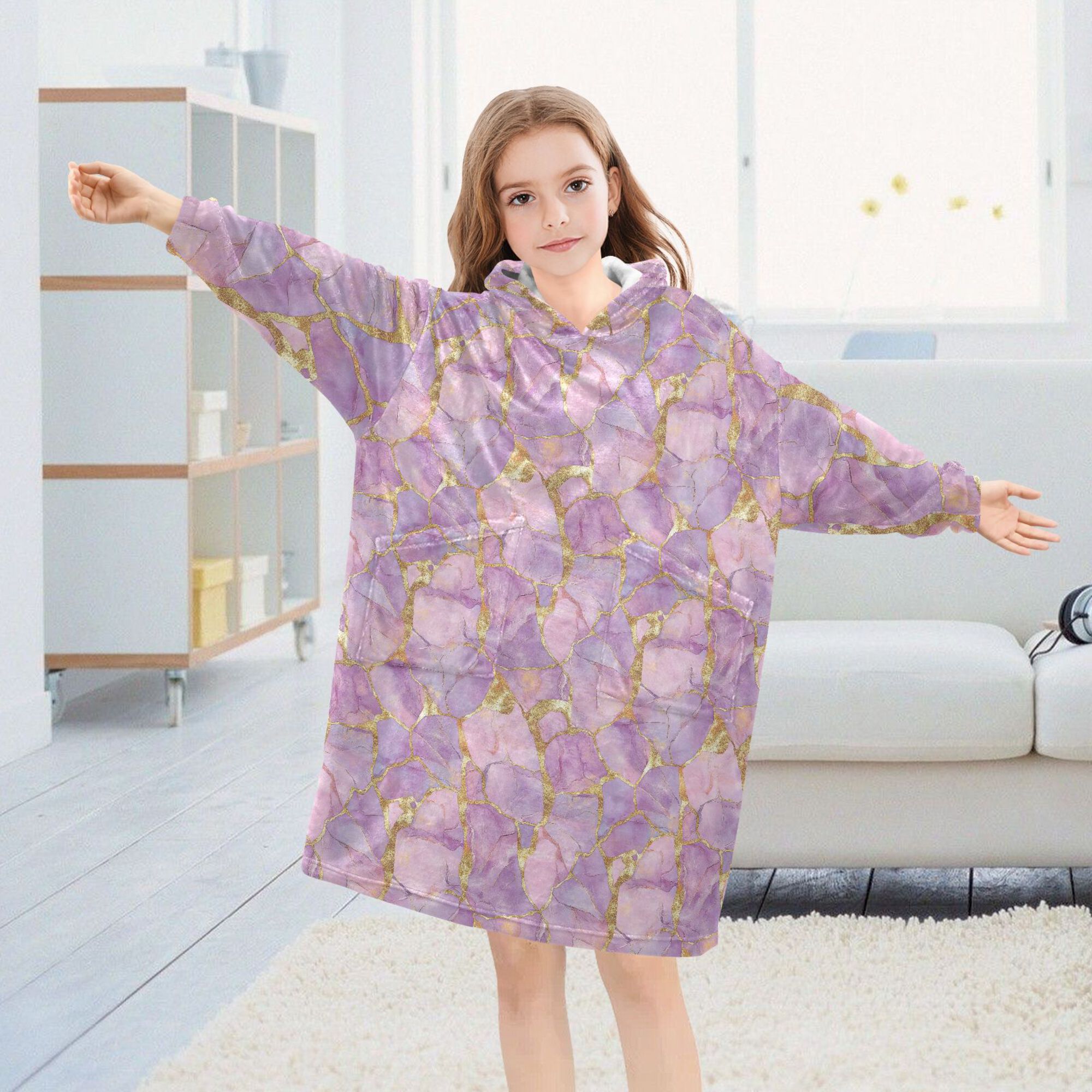 FORMRS Wearable Blanket Hoodie with Sleeves for Kids Cozy Flannel Sweatshirt, Pastel Pink Marble Pattern