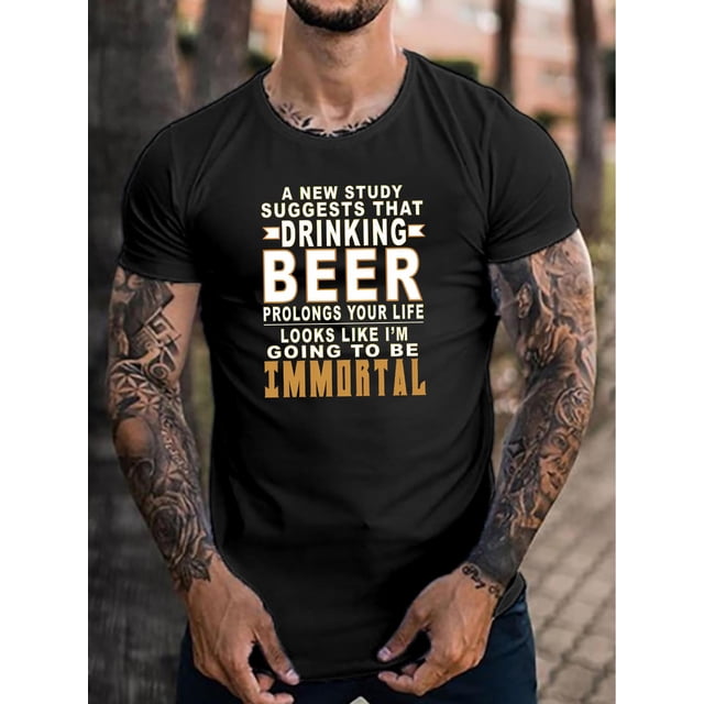 Camiseta creativa con estampado de cerveza para hombre, informal, de manga corta y cuello redondo, para verano y actividades al aire libre.