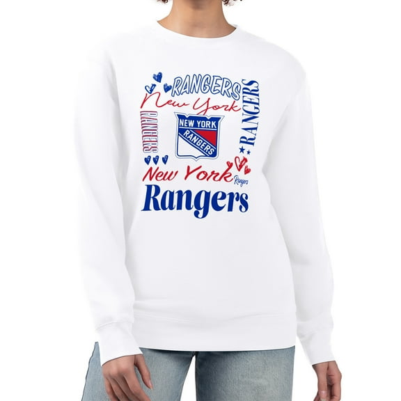 Women's G-III 4Her by Carl Banks White New York Rangers Collage Graphic Fleece Long Sleeve Pullover Sweatshirt