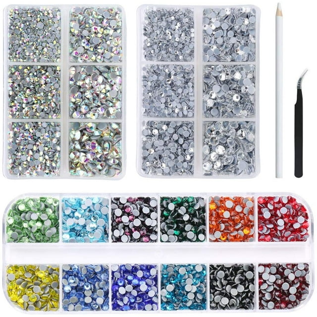 LAICAIW 6000Pcs Hotfix Rhinestones Flat Back Gemstone Crystal Set with Clear and Clear AB 6 Sizes Crystal and 12 Mixed Color SS12 Rhinestones for DIY Manicure, Face Art Clothes Bags