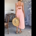 thumbnail image 4 of Robe Midi d'Été pour Femmes à Nouer devant, Boutonnée, Coupe Trapèze, Bretelles Spaghetti, Imprimés Floraux, Rose, M, 4 of 9