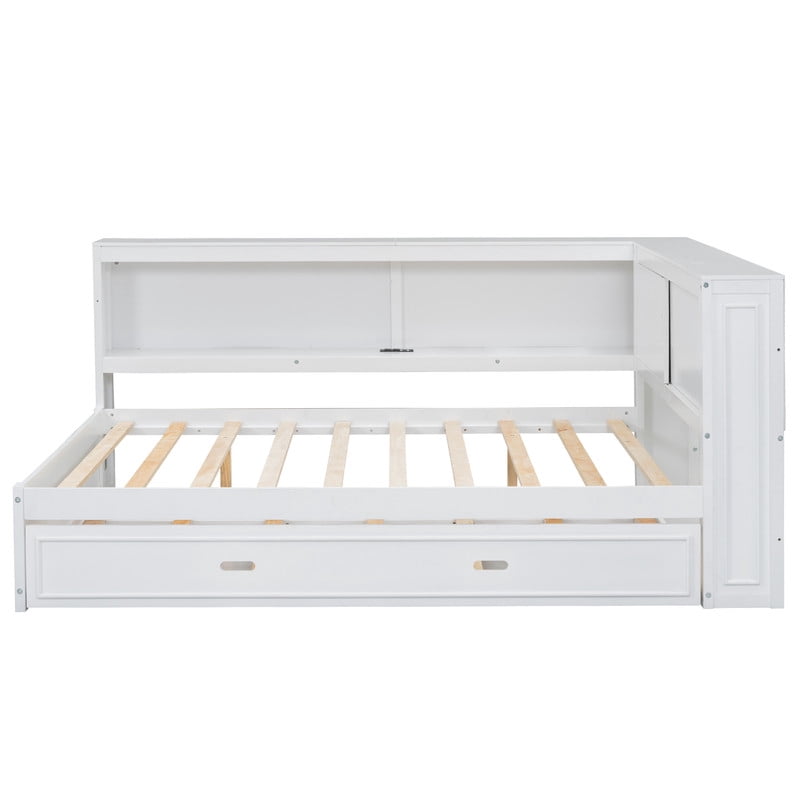 Full Size Wood Daybed with Twin Size Trundle, Storage Bed Frame with Shelves & Cabinets, Sofa Bed with LED Light and Charge Station