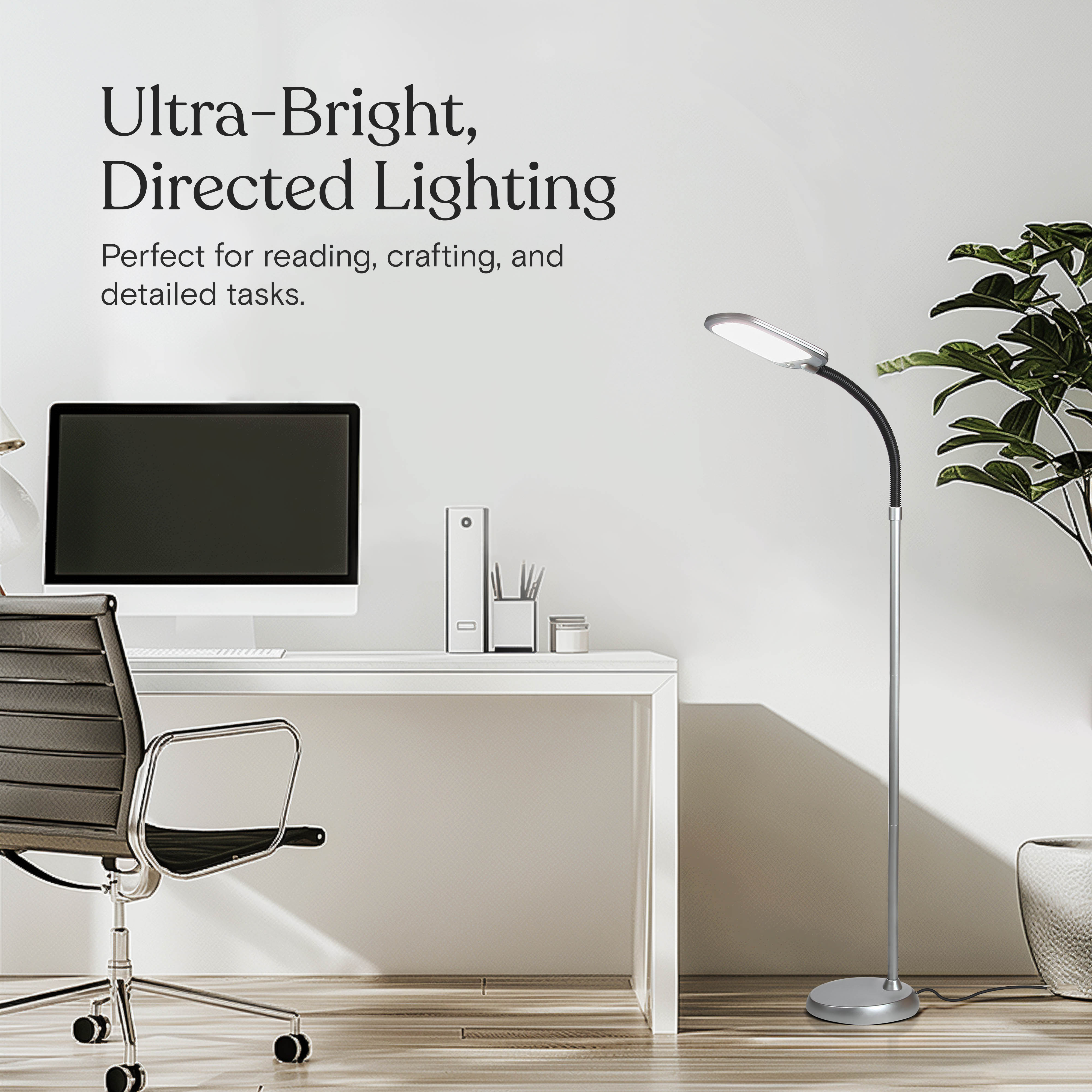 Brightech Litespan Slim LED Lamp, Modern Floor Reading Lamp Over Chair for Living Rooms & Offices, Tall Lamp with Adjustable Gooseneck, Crafts Work Light, Dimmable Standing Lamp for Bedroom - Silver