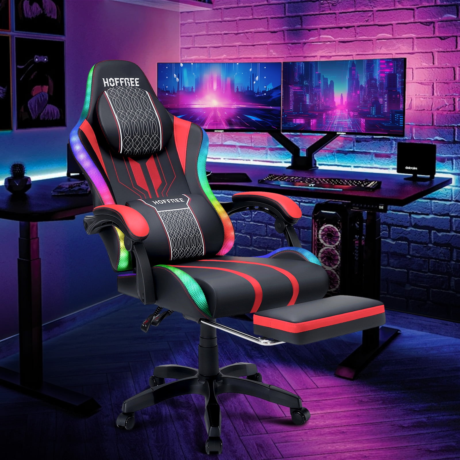 Hoffree Big and Tall Gaming Chair with Speakers Office Chair with Footrest Heavy Duty Gamer Chair with Lumbar Support Height Adjustable 360-Swivel Seat and Headrest for Adults, 400lbs