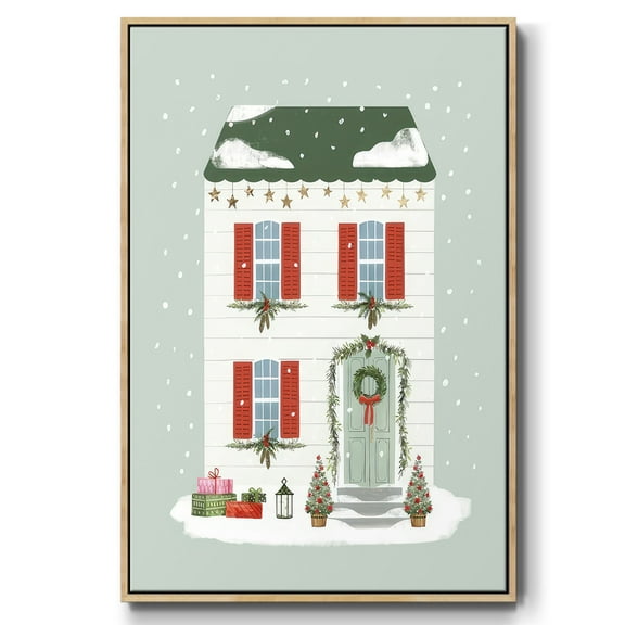 Festive Front Door IV - Framed Gallery Wrapped Holiday Canvas - 17 x 25 - Natural Wood Frame