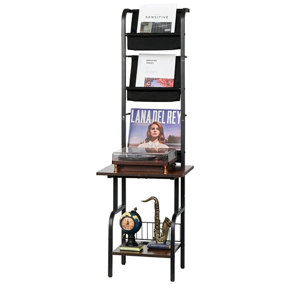 KFFKFF Record Player Stand, 5 Tiers Tall Vinyl Record with Charging Station & USB Ports, Turntable Stand with Record Holder Display Shelf for Living Room, Bedroom, Black