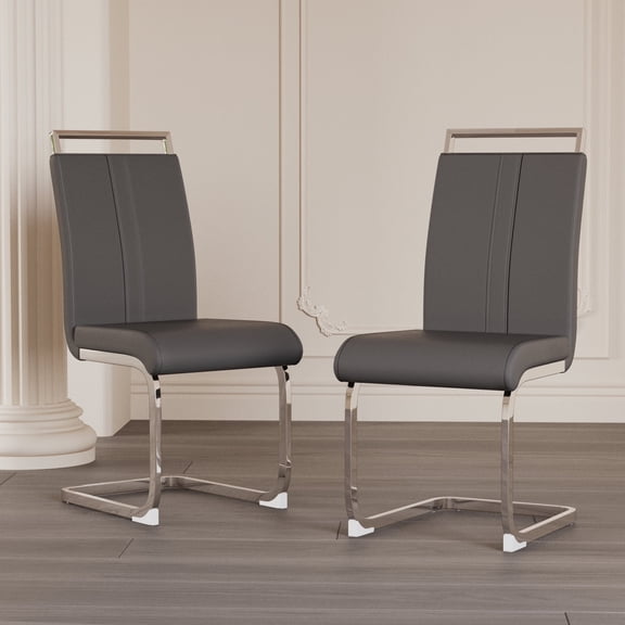 Set of 2 Modern Dining Chairs, Light Grey PU Faux Leather Upholstered Chair with Glossy Chromed Legs for Dining Room & Office