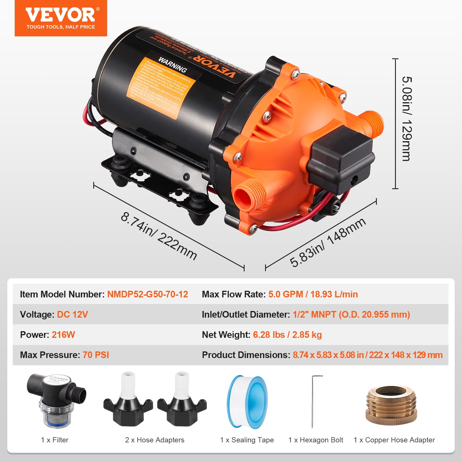 VEVOR 12V Diaphragm Pump, 5 GPM (18.93 L/min), 5-Chamber 12V DC Water Pump with Automatic Pressure Switch 40-100 PSI Adjustable, 1/2'' MNPT Port,for Agricultural Irrigation Construction Site Drainage