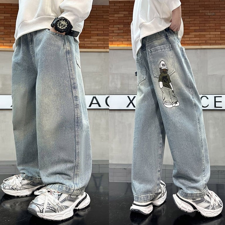 SUYIDA Boys Baggy Jeans, Y2K Pants with Cartoon Embroidery