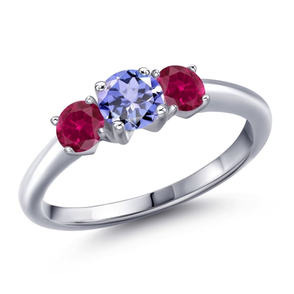Gem Stone King 925 Sterling Silver Blue Tanzanite and Red Created Ruby Engagement Ring for Women | 0.96 Cttw | Round 5MM | Gemstone December Birthstone | Size 8