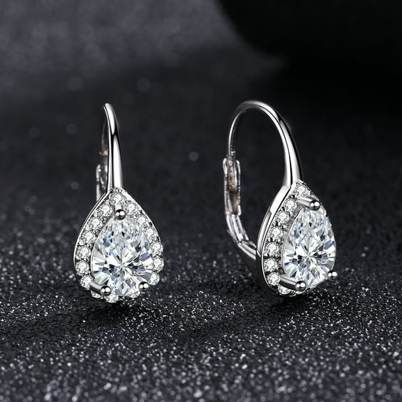 Sterling Silver Pear Omega Lever-back Halo Earring with crystals from Swarovski