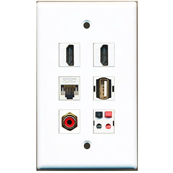 RiteAV - 2 HDMI 1 Port RCA Red 1 Port USB A-A 1 Port Cat5e Ethernet White 1 Port Speaker Wall Plate