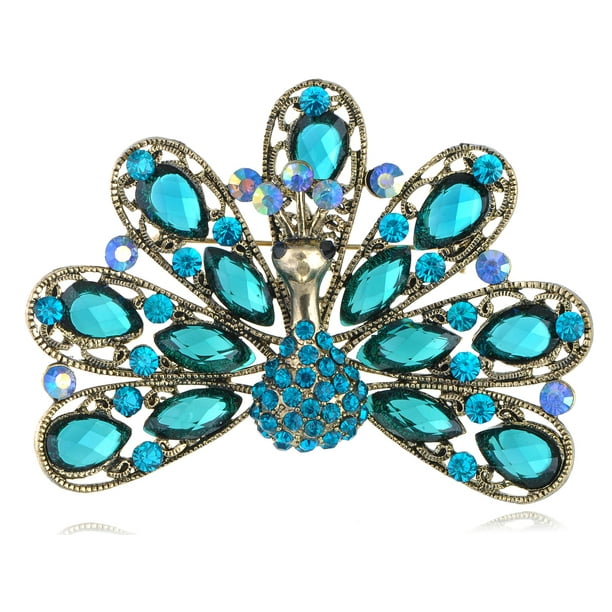 Alilang - Turquoise Crystal Rhinestone Antique Gift Peacock Bird Tail