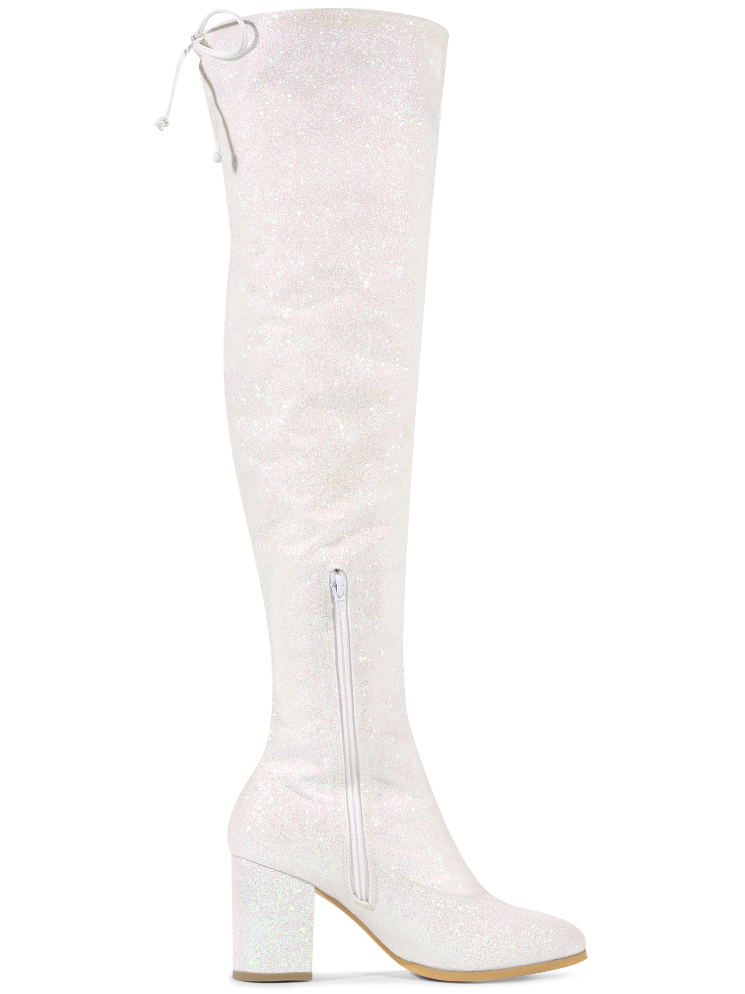 DARING DIVA Women's Glitter Round Toe Chunky Heel Over the Knee High Boots White 8.5