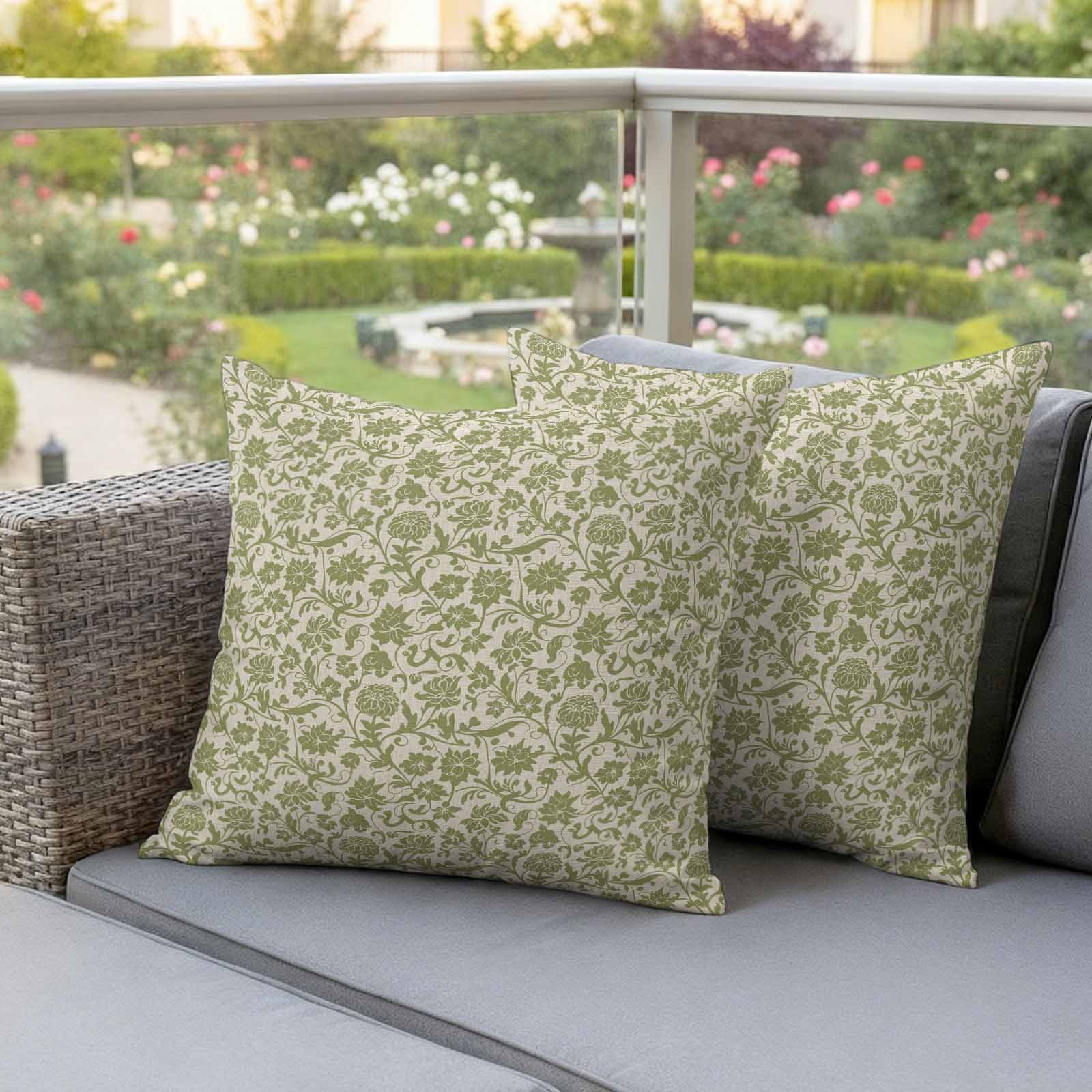 Pack of 2 Outdoor Pillow Covers,Waterproof Green Floral Throw Pillow Covers,Vintage Rustic Botanical Spring Decorative Pillowcases Cushion Covers for Patio Couch Pillow Sham Protector 16x16 Inch