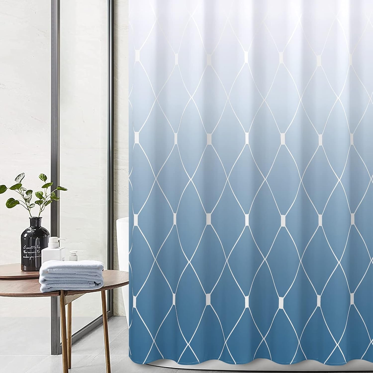Blue and Gray Shower Curtain Set Light Blue and White Shower Curtain Blue Ombre Shower Curtain with Hooks Water Repellent Shower Curtain Linen Fabric Stripe Shower Curtain 72x72 inch Misty Blue