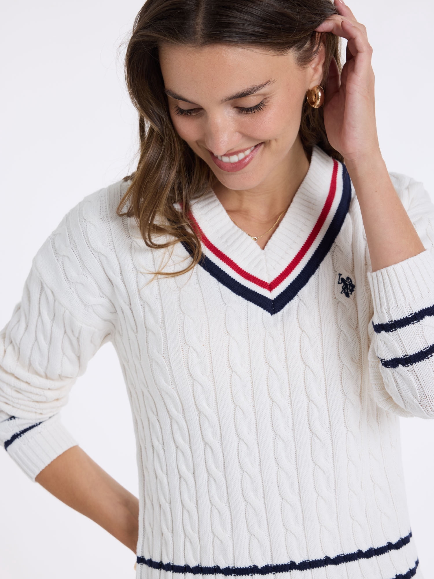 U.S. Polo Assn. Women's Varsity V-Neck Cable Sweater
