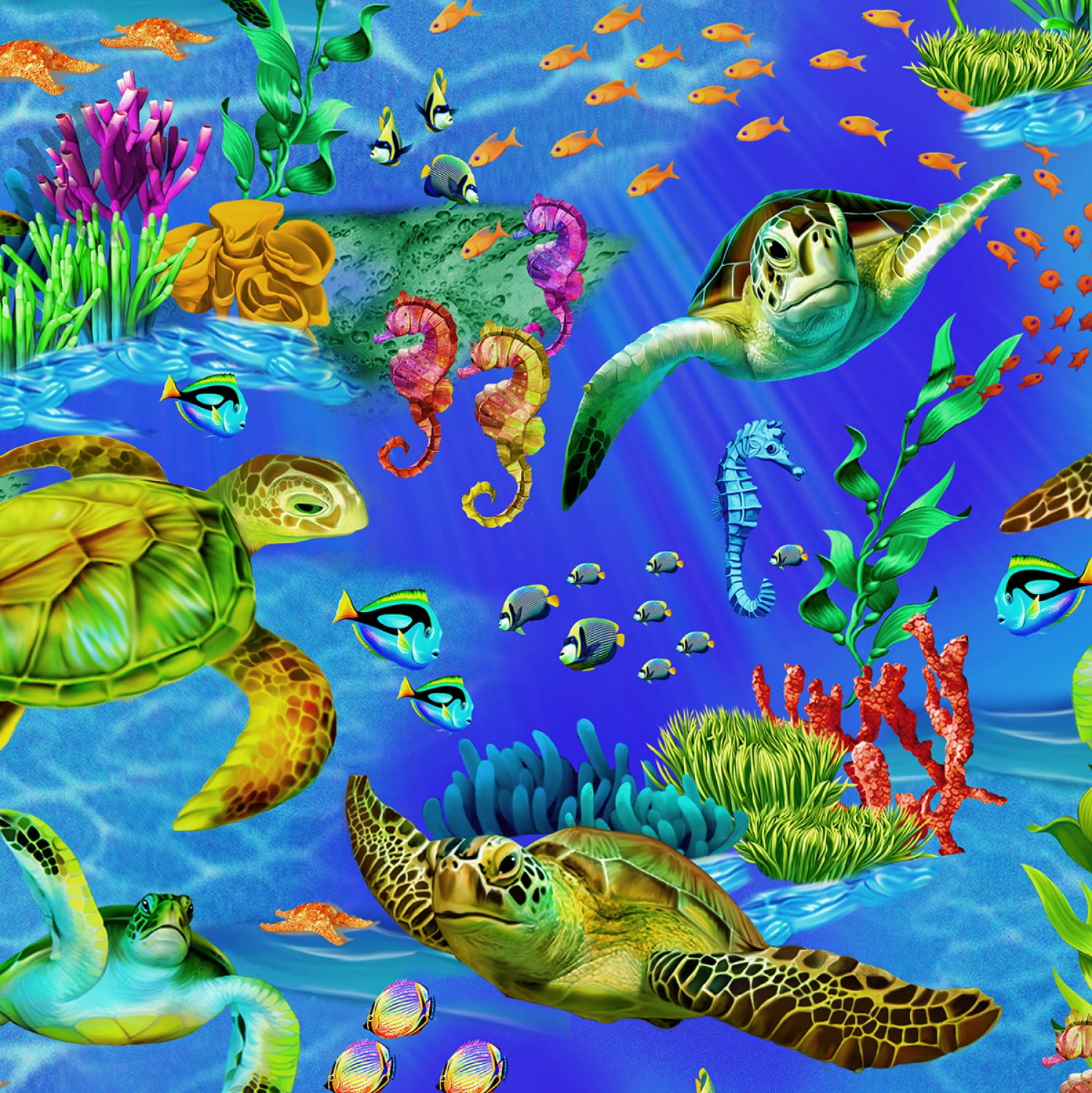Timeless Treasures YARD Sea Turtle Coral Fish on Ocean Blue Nautical Fabric