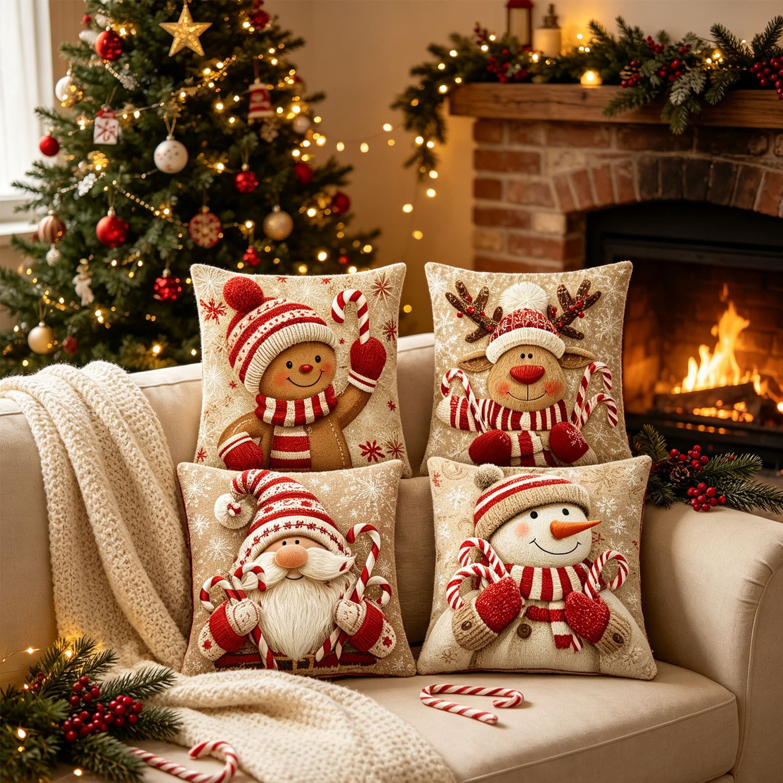 Set of 4 Red Christmas Throw Pillow Covers 16x16 Inch Winter Xmas Decorative Pillow Case Cover for Sofa Living Room Holiday Decor