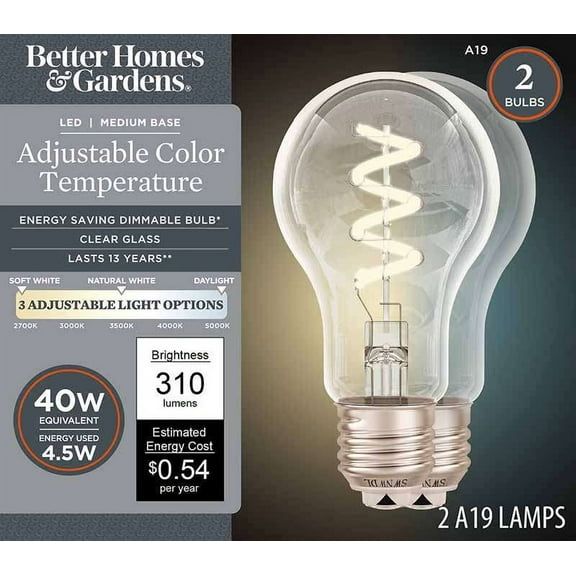 Better Homes & Gardens A19 LED Vintage Light Bulbs, 4.5W (40W Equivalent), Spiral Filament, E26 Base, Clear Glass, 2-Pack
