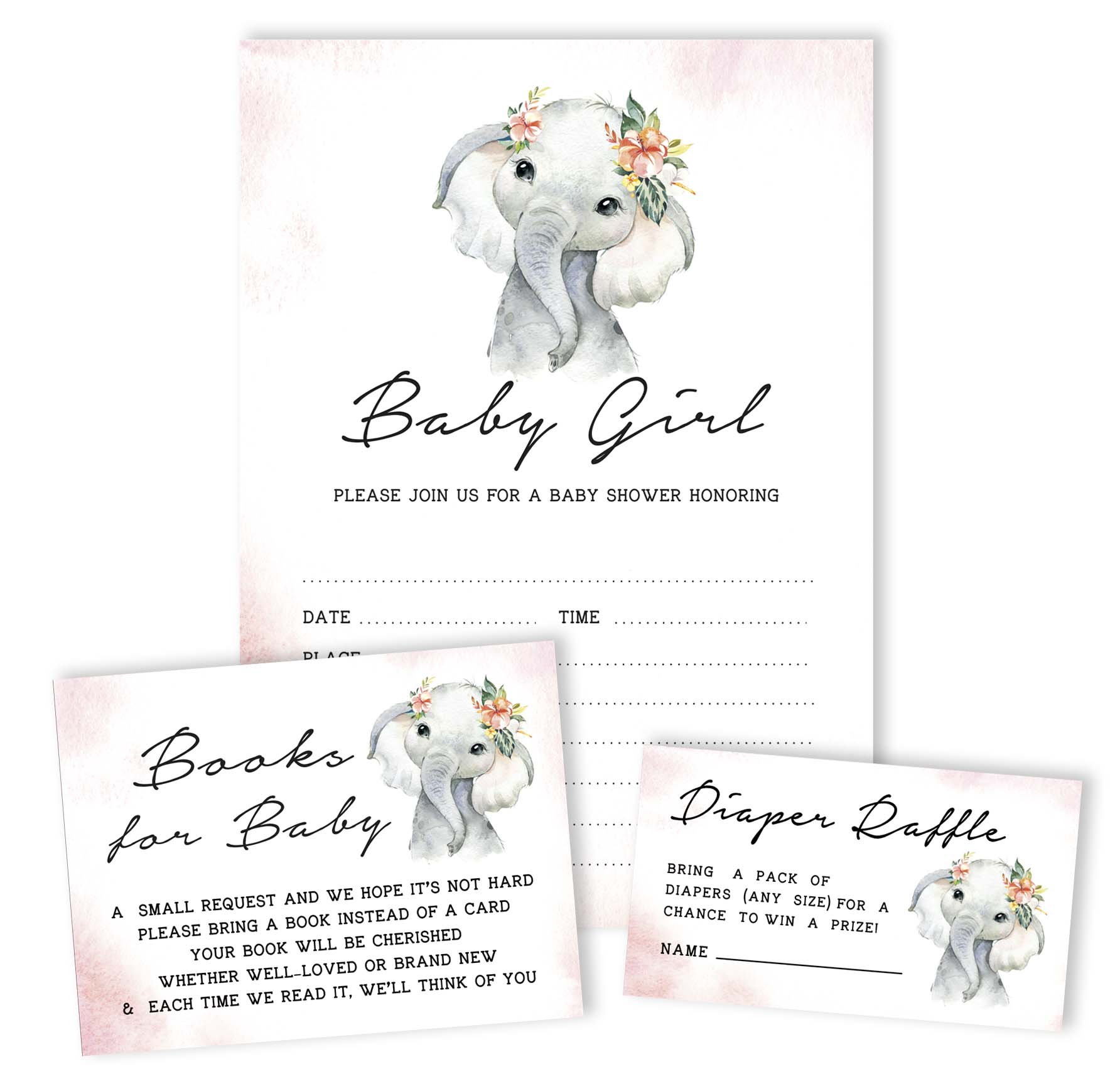 Inkdotpot Set Of 30Baby Elephant Girl Baby Shower Invitations-Diaper Raffle Tickets And Baby Shower Book Request Cards Jungle Animals Invites Its A Boy Its A Girl