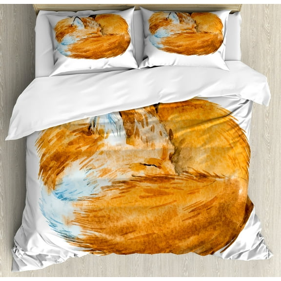 Animal Duvet Cover Set, Fox Sleeping Funny Creature in Watercolor Art Design, Decorative 3 Piece Bedding Set with 2 Pillow Shams, Queen Size, Apricot and White, by Ambesonne