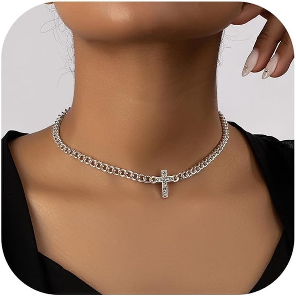 Silver Fine Cross Necklace Silver Cuban Link Chain Dainty Rhinestone Choker Necklace for Women Birthday Jewelry Gifts Party Outfits Accessories[y497]
