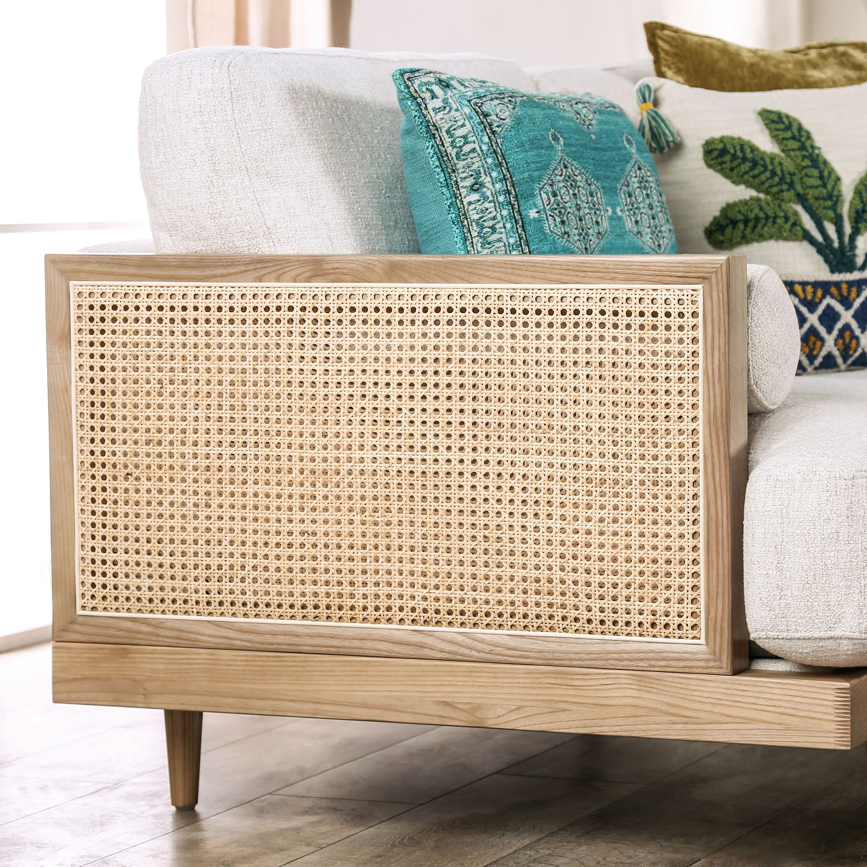 Furniture of America Indingham Beige Fabric Cushioned and Wood Light Oak Sofa