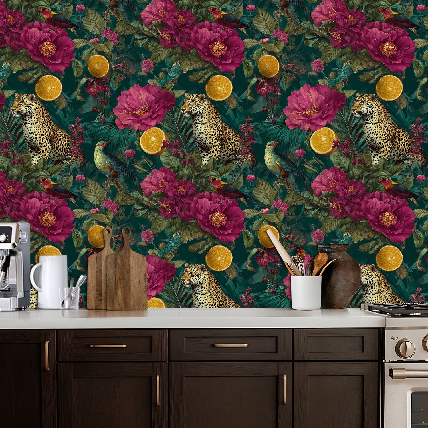 Peel and Stick Wallpaper Vibrant Jungle Leopards Large Pink Flowers Citrus Wall Mural 17.7in x 9.8ft Self Adhesive Removable Wall Paper Renter Friendly Wallpaper for Nursery Bedroom Cabinets