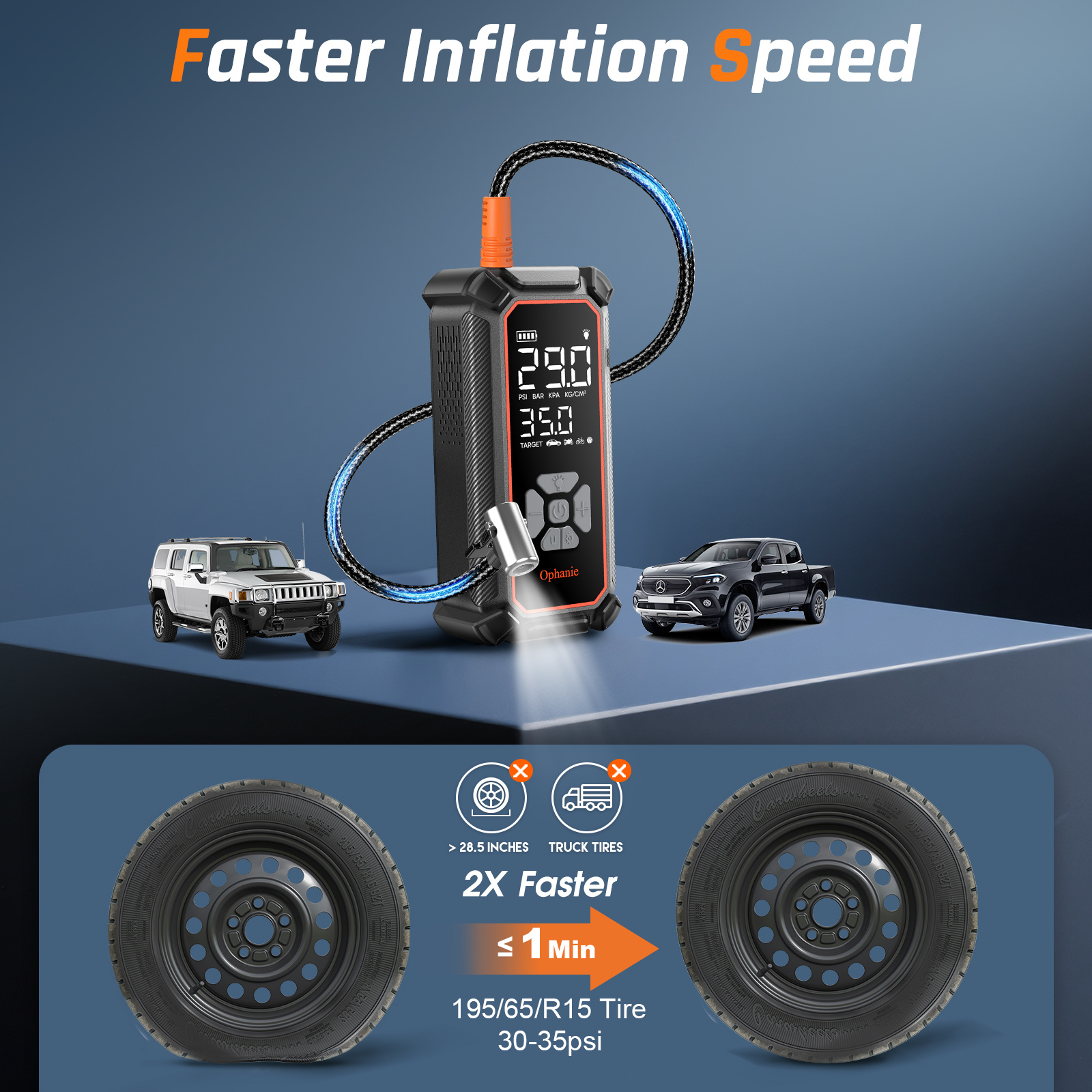 Ophanie Cordless Tire Inflator with LED Light, 160 PSI photo 3