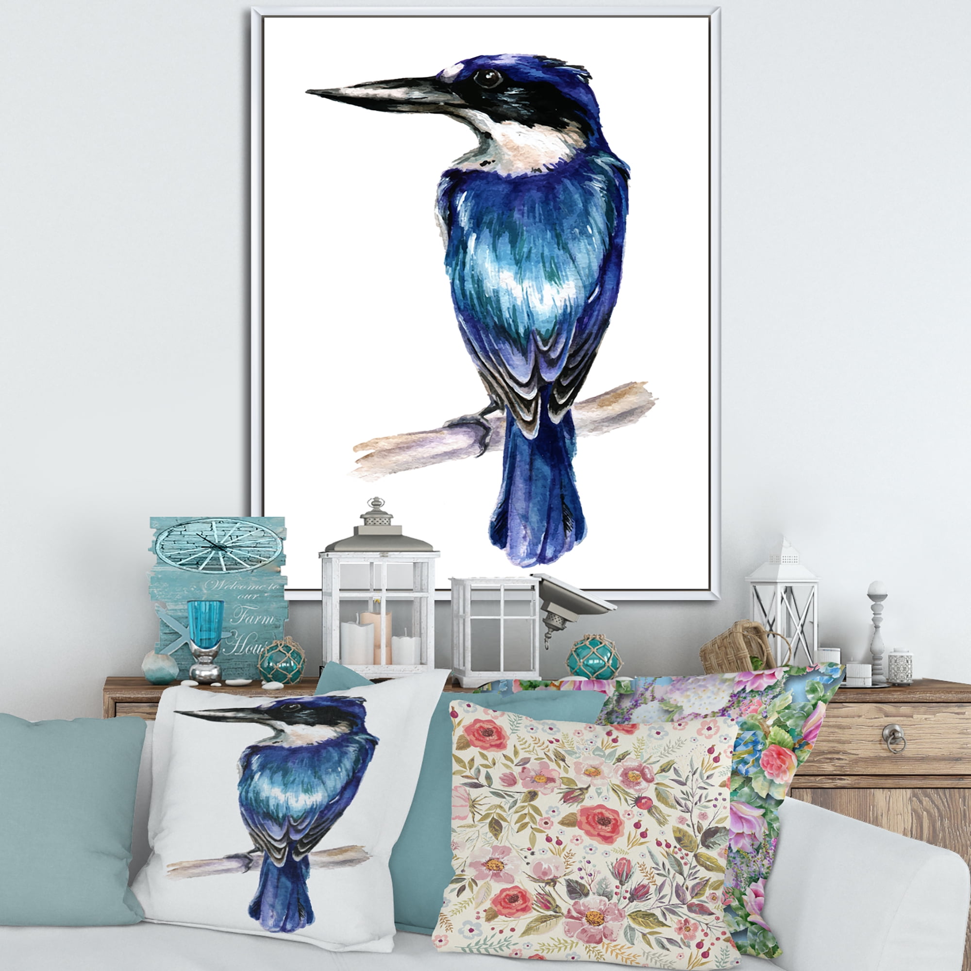 Designart 'Style Blue Kingfisher Bird' Traditional Framed Canvas Wall Art Print