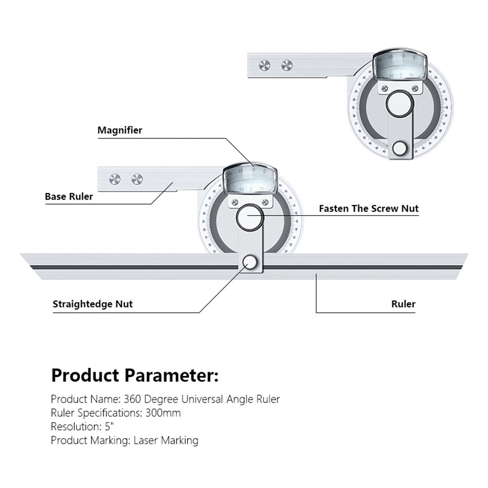 Angle Ruler Protractor 0-360 Dgeree Angle Finder Ruler Measuring Stainless Steel Vernier Capliper Measuring Instrument ,Easy to Operate