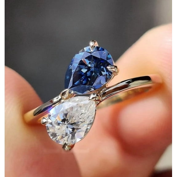 3Ct Pear Cut Lab Created Diamond & Blue Sapphire 2 Stone Ring Women's Gift Ring 14K White Gold Plated Silver