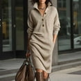 thumbnail image 2 of Womens Sweater Dress V Neck Mini Bodycon Fall Dresses Button Down Solid Color Knitted Long Dress Winter Clothes Khaki, 2 of 4