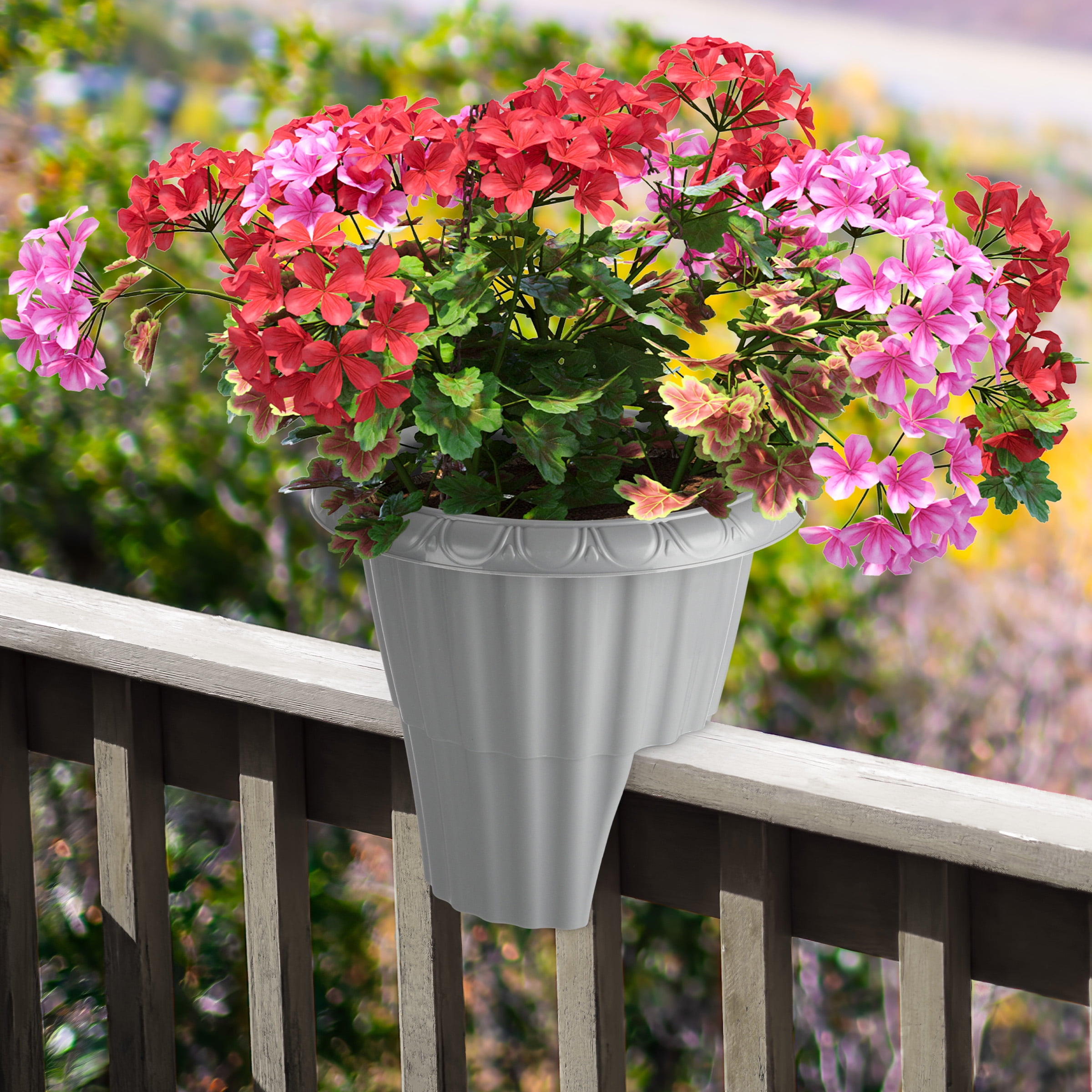 Pure Garden 13.5in Plastic Railing Planter - 2.6- gal Outdoor Flower Pot, Gray