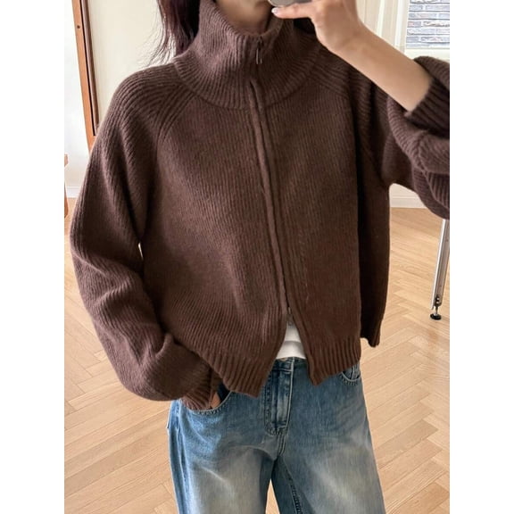 Women's  Knit Cardigan High Neck Zip Front Long Sleeve Loose Fit  Top