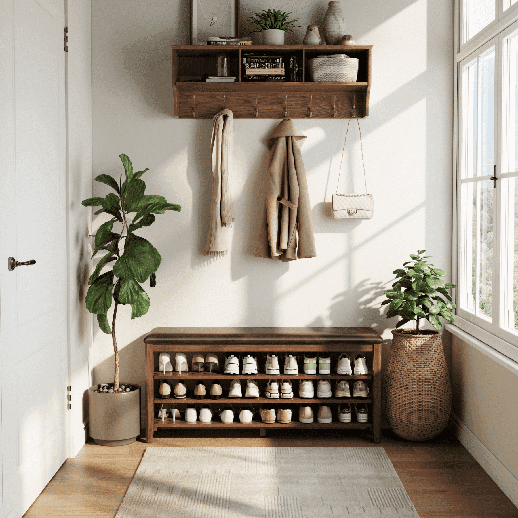 Muwuele 3-Tier Adjustable Shelves Shoe Rack with Leather Cushion, Walnut Wood