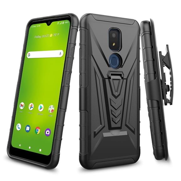 Compatible for Cricket Icon 3 Case, At&t Motivate 2 Case with Holster Belt Clip Heavy Duty Shockproof Protective Phone Cover with Kickstand [Black]