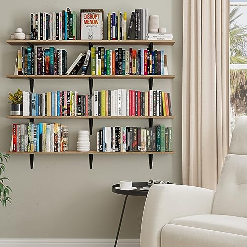 Wallniture Arras 48"x6" Floating Shelves for Wall Storage, Rustic Wall Book Shelf for Office and Living Room, Set of 4, Burnt Finish, Real Wood