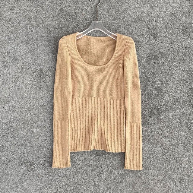 Suéter de cuello bajo con cuello en U y hilo de principios de primavera, suéter de mohair, camisa básica ajustada para mujer