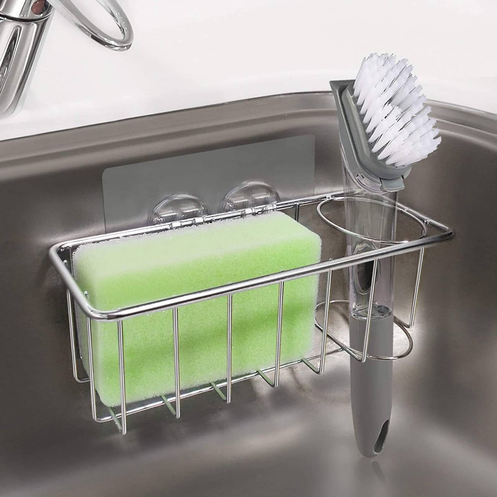 TSV 2-in-1 Adhesive Sponge Holder + Brush Holder, Stainless Steel Sink Organizer, Kitchen Dish Scrubber Holder Organization Basket, Rust Proof Waterproof Adhesive Sponge Brush Holder